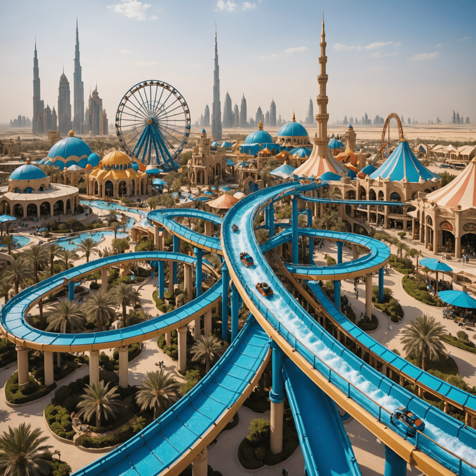 Various exciting theme parks in Dubai, including roller coasters, water parks, and movie-themed attractions
