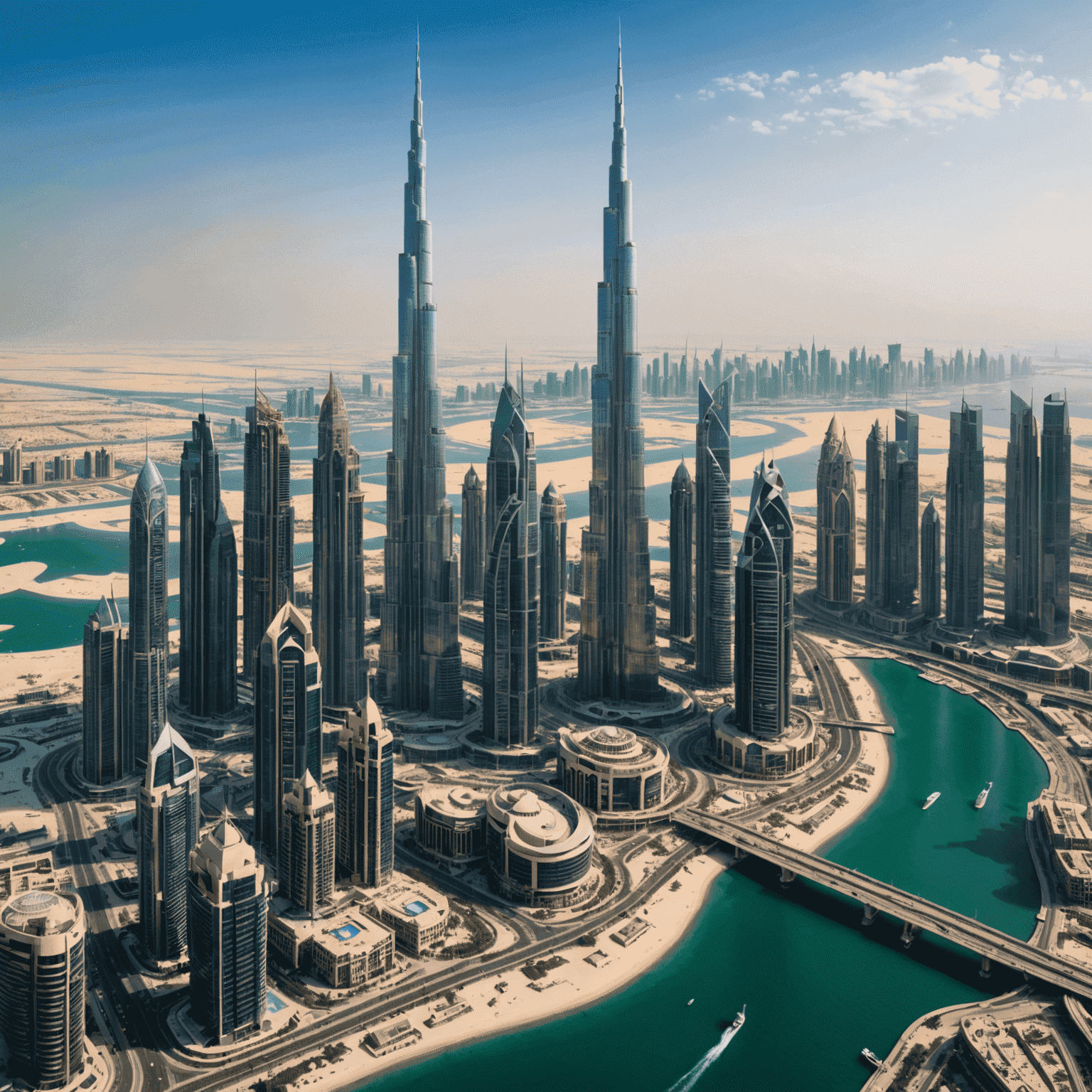 Panoramic view of Dubai skyline with Burj Khalifa in the center, surrounded by modern skyscrapers and the beautiful Dubai Marina
