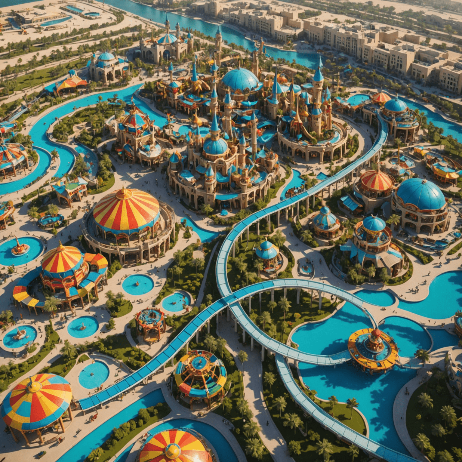 Aerial view of a sprawling new theme park in Dubai, featuring vibrant roller coasters, water attractions, and themed areas inspired by UAE culture