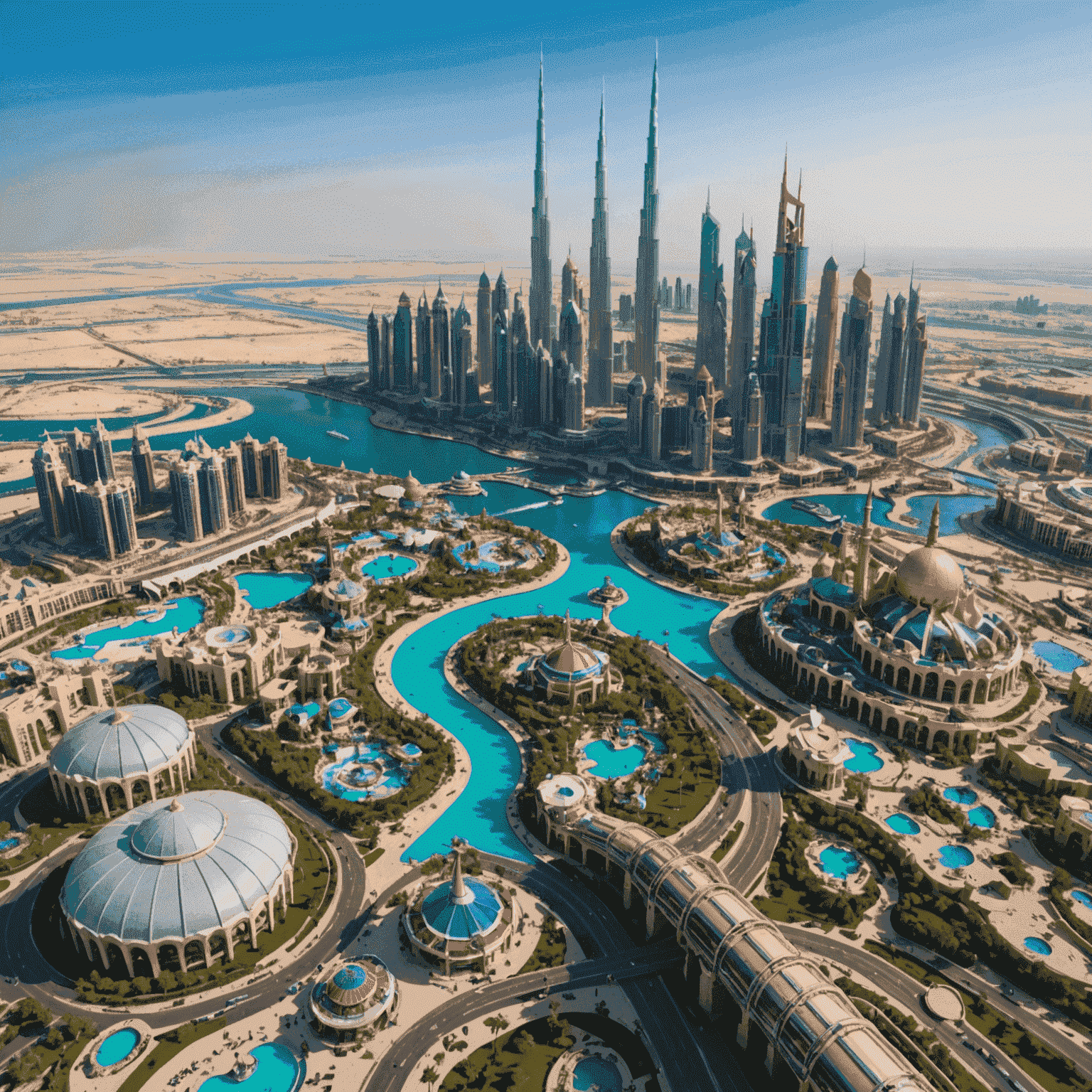 Aerial view of Dubai's skyline with multiple theme parks visible, including roller coasters, water parks, and entertainment complexes