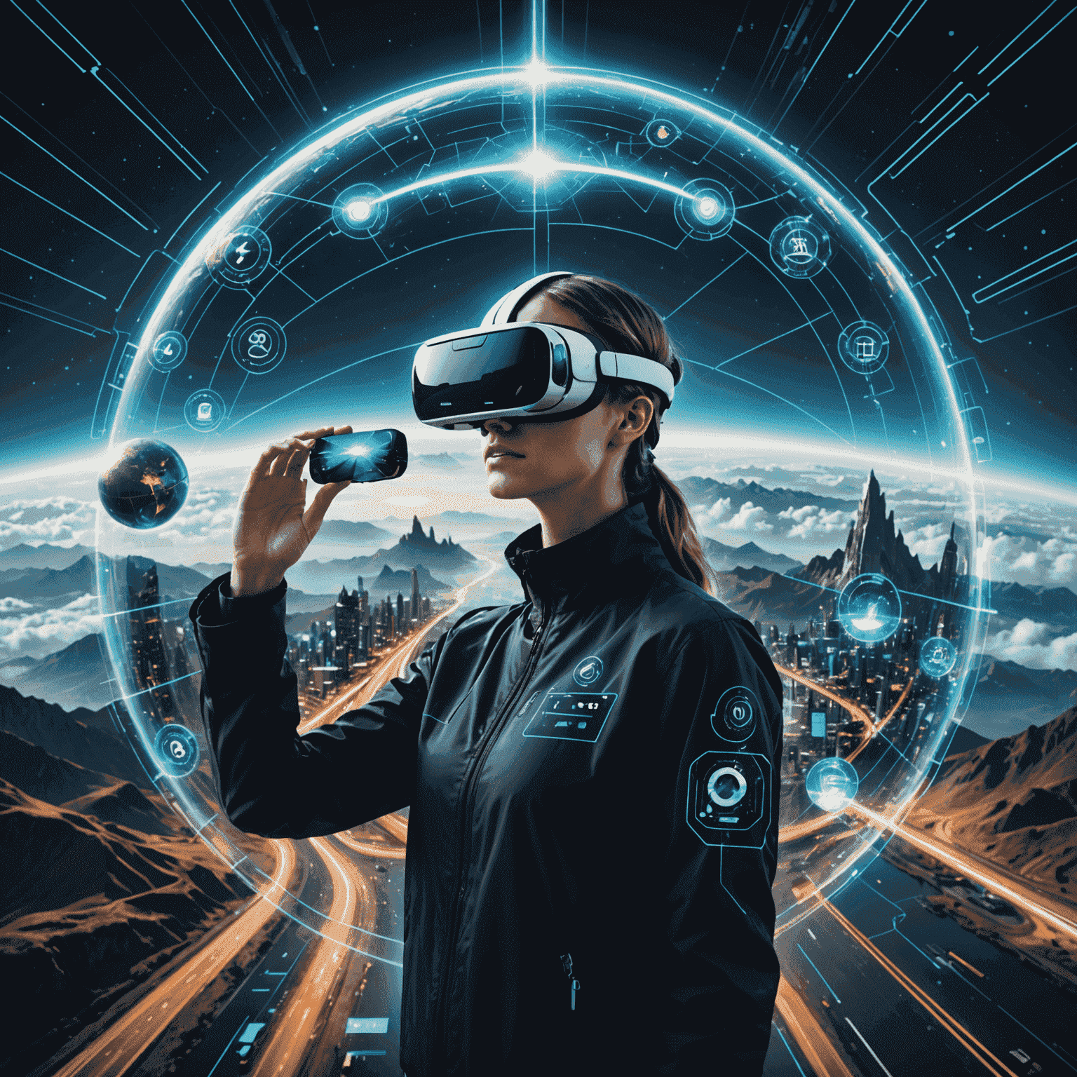 Futuristic travel technology concept showing a person using a virtual reality headset to explore a destination, with holographic travel planning interfaces surrounding them