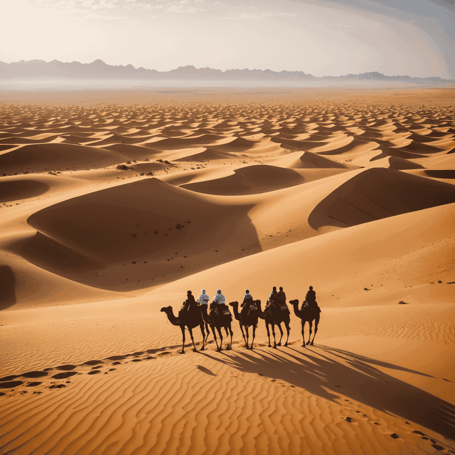 A group of tourists enjoying a desert safari in UAE, with sand dunes and camels in the background