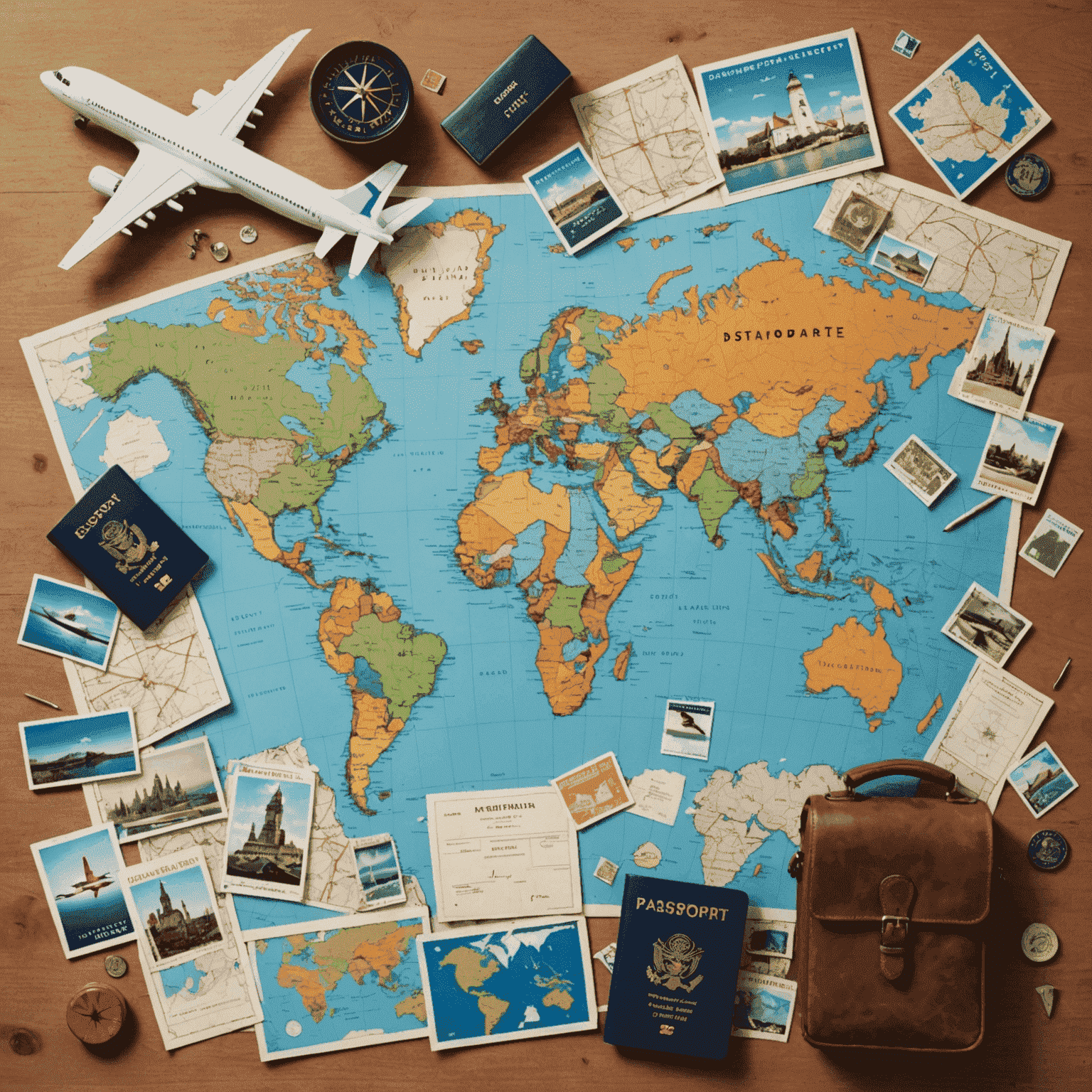 A collage of travel-related images including an airplane taking off, a passport with stamps, and a world map with pins marking various destinations