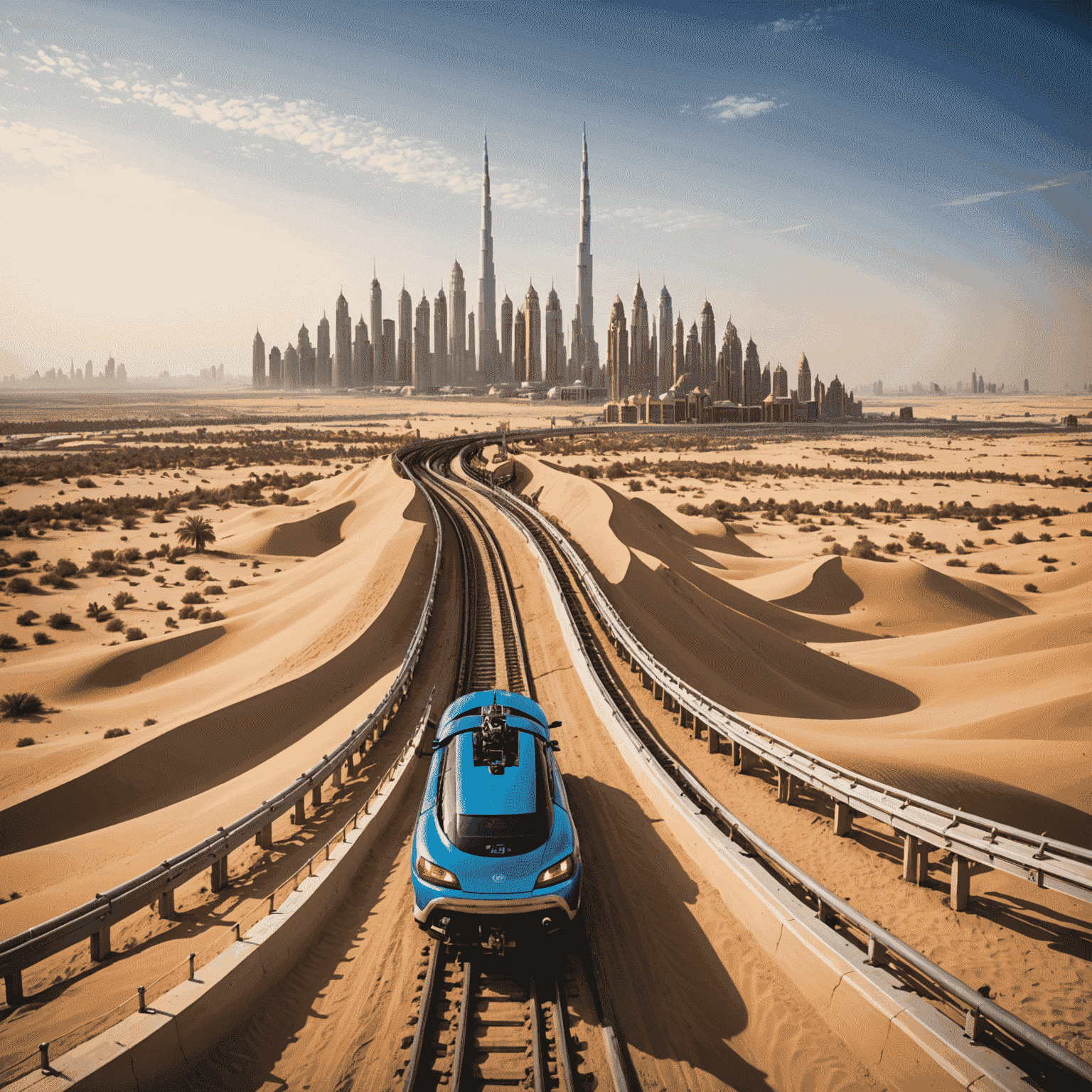 Exciting roller coaster twisting through a desert landscape with Dubai skyline in the background