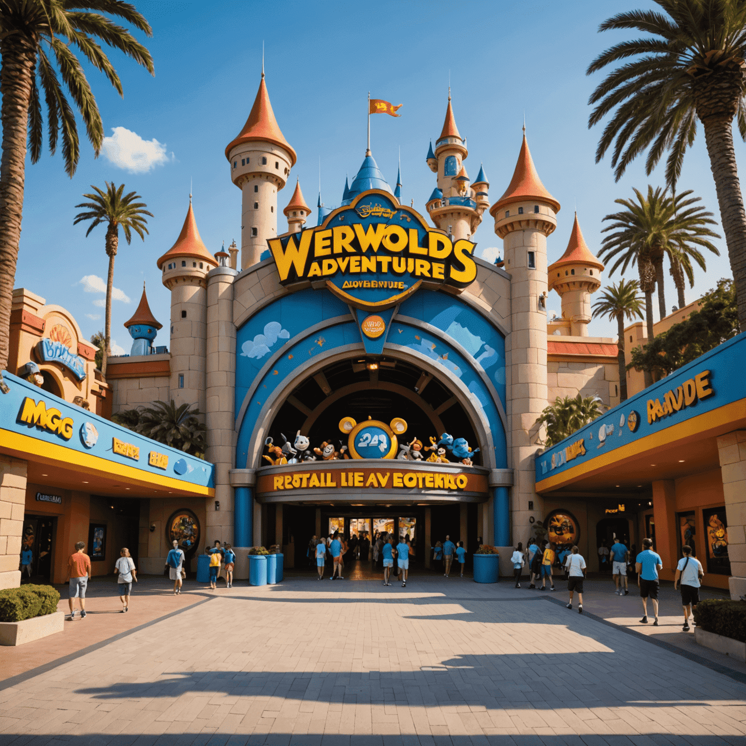 Entrance to IMG Worlds of Adventure, showcasing larger-than-life cartoon characters and a futuristic architecture