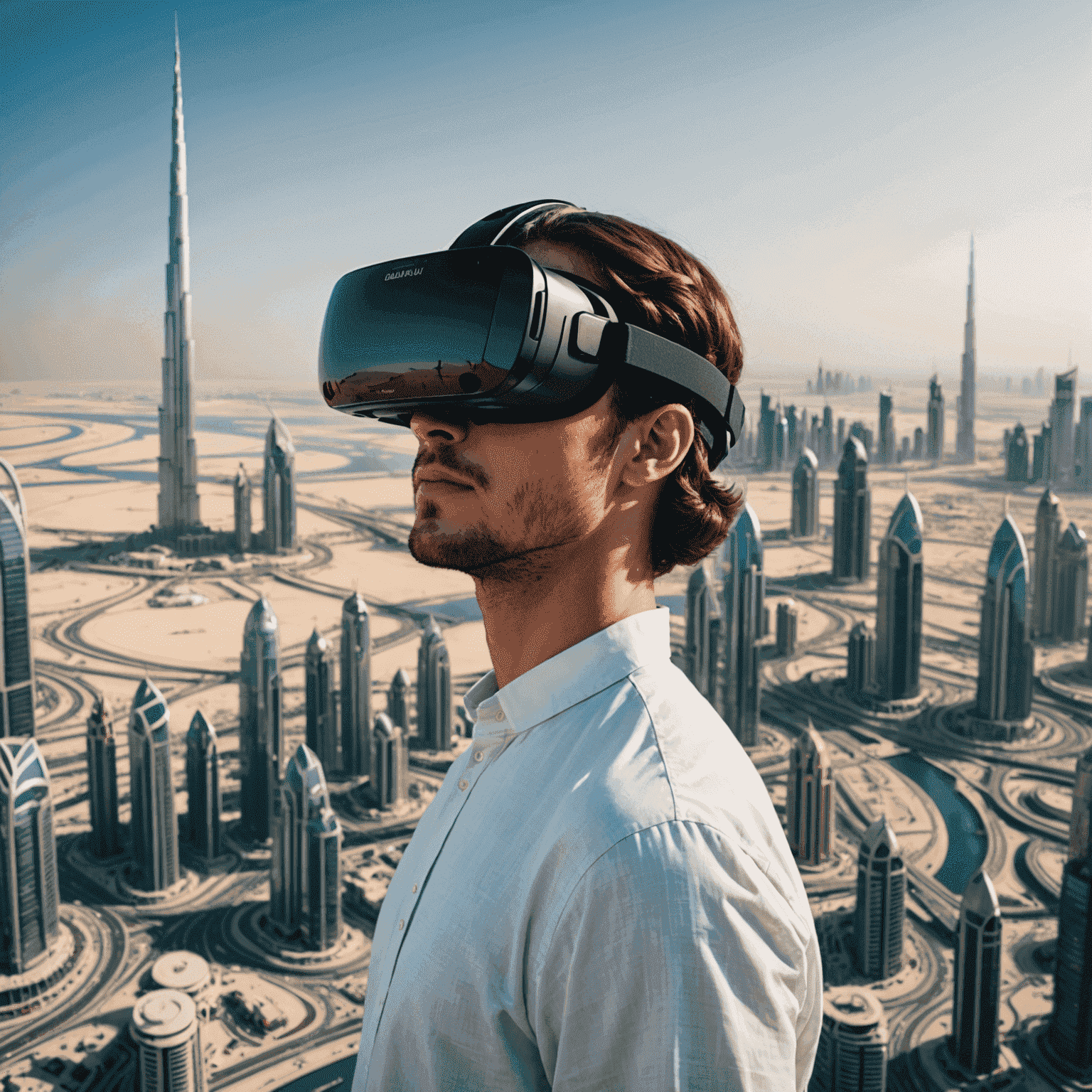 Split-screen image showing a person wearing a VR headset on one side, and the corresponding virtual view of the Dubai skyline on the other