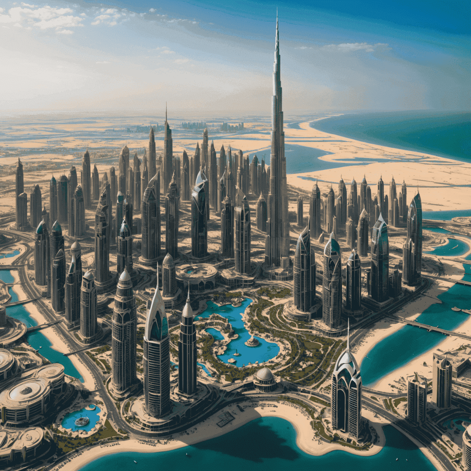 A stunning panoramic view of Dubai's skyline featuring the Burj Khalifa, palm-fringed beaches, and iconic theme parks