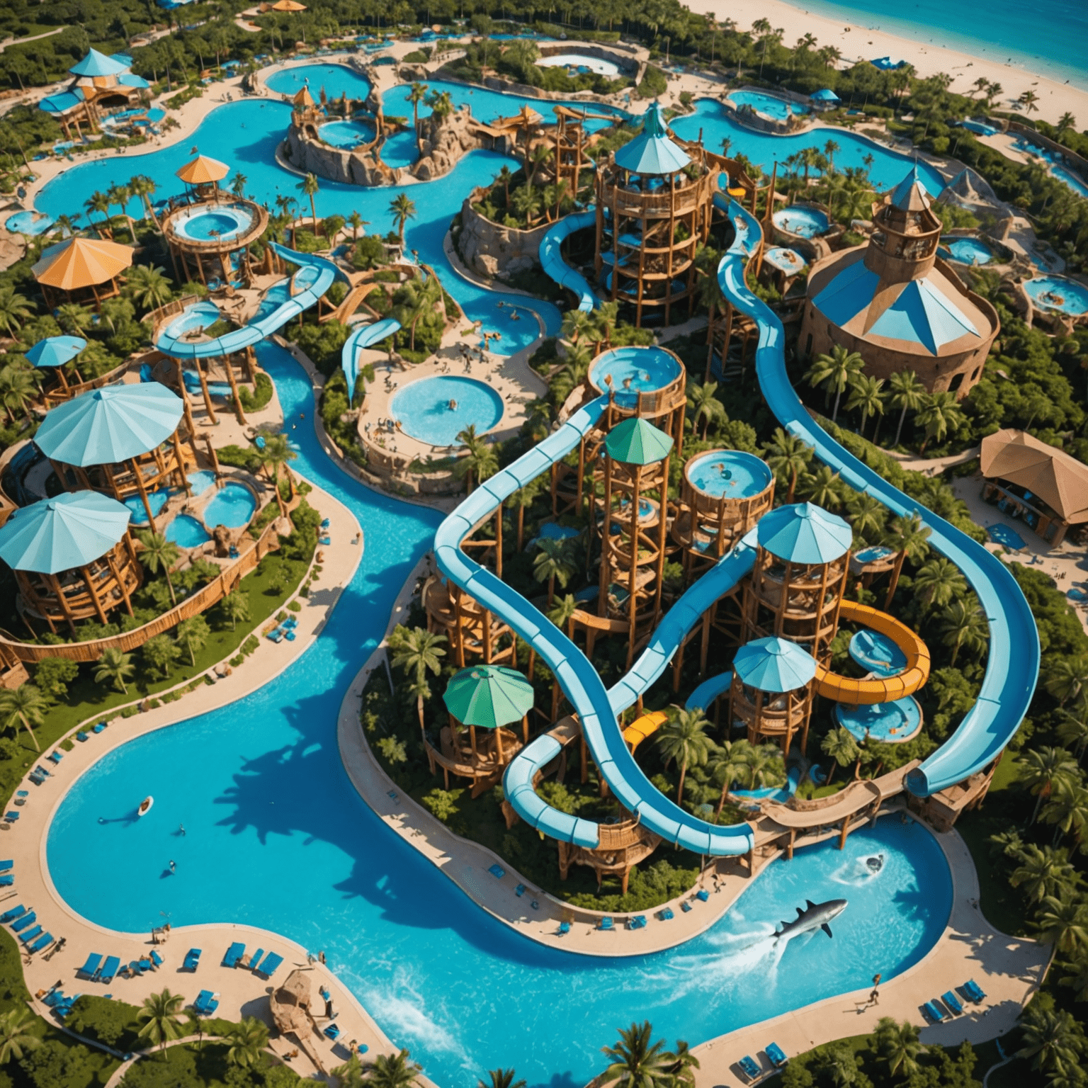 Aerial view of Aquaventure Waterpark, featuring winding water slides, lazy rivers, and a shark-filled lagoon