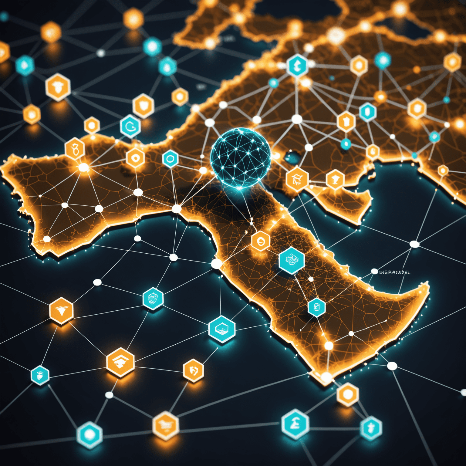 Conceptual image of a blockchain network overlaid on a map of the UAE, with icons representing various travel services connected by glowing lines