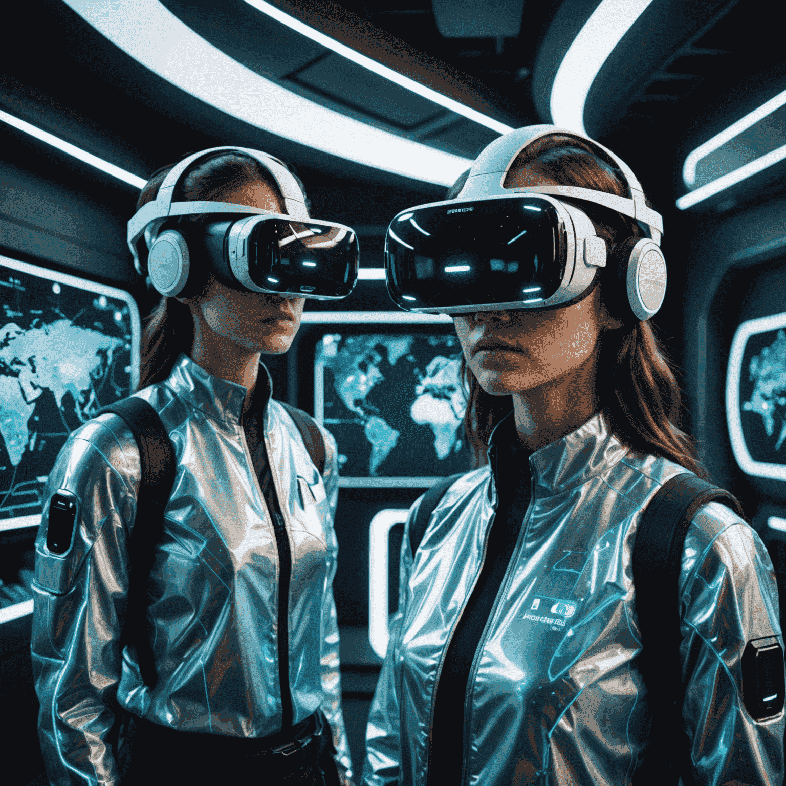 A futuristic image showcasing VR headsets, holographic maps, and AI-powered travel assistants