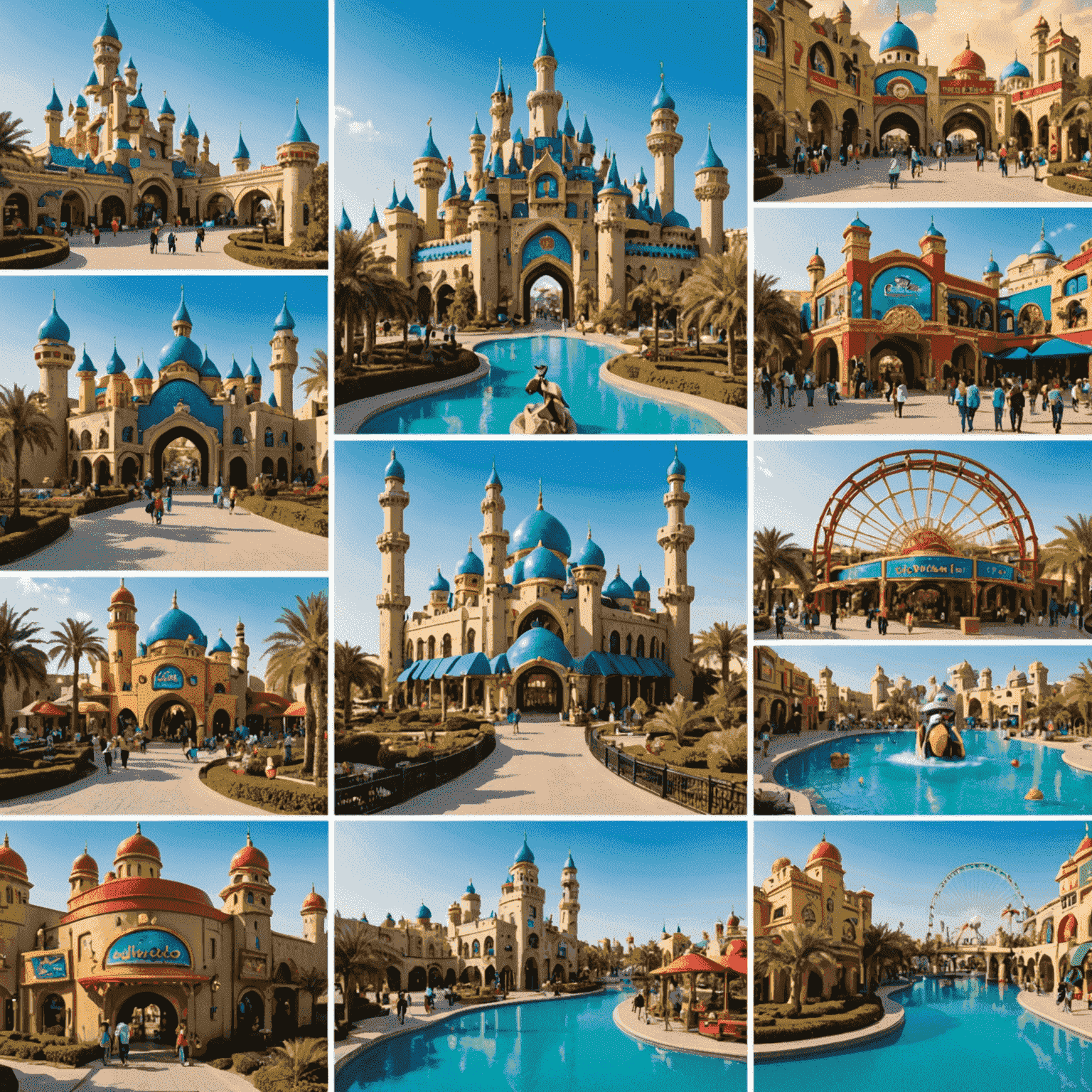 Collage of attractions from Dubai Parks and Resorts, including Motiongate, Legoland, and Bollywood Parks